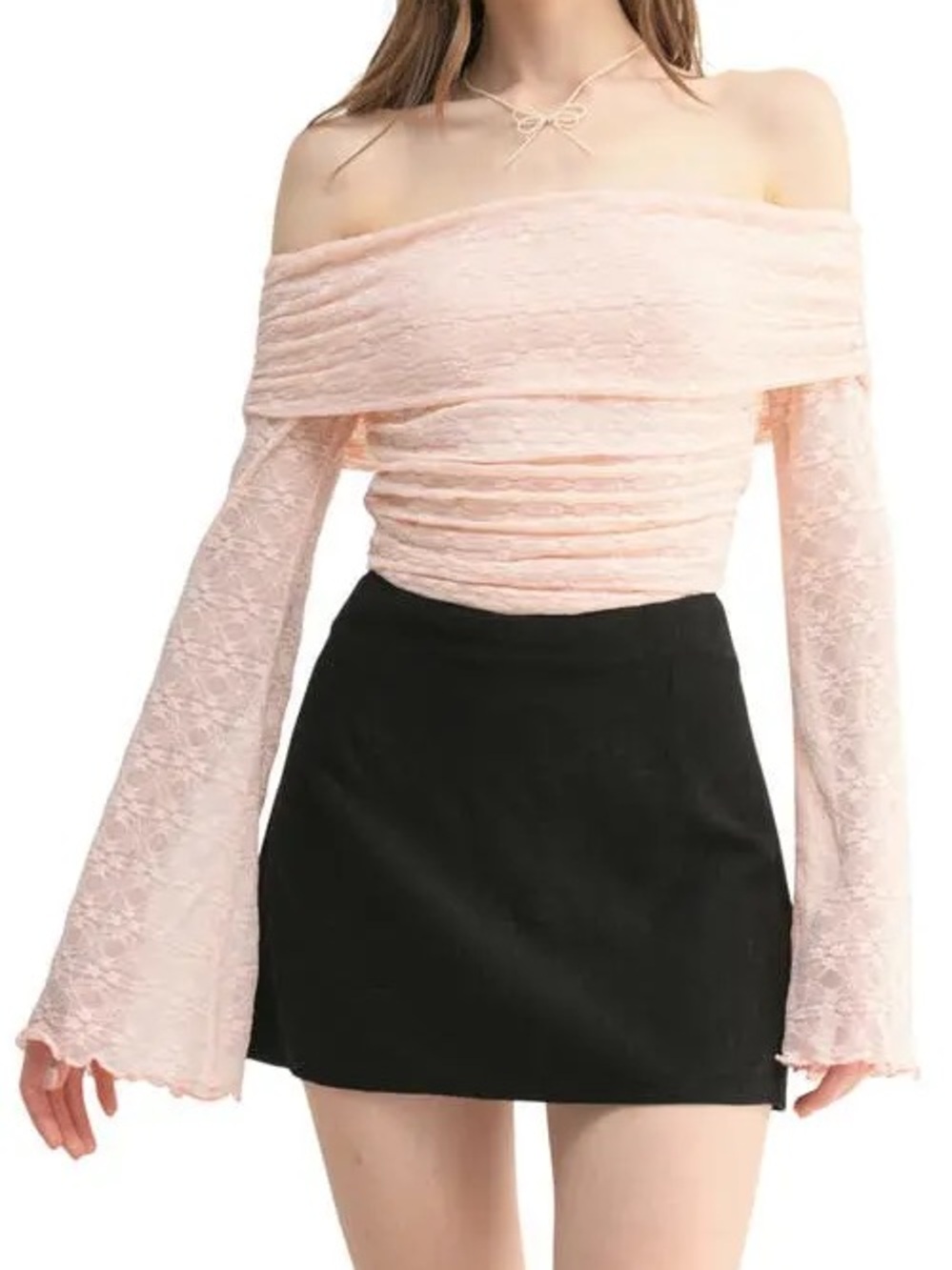 All in Favor Off-Shoulder Lace Mini Skirt Outfit in Light Pink and Black
